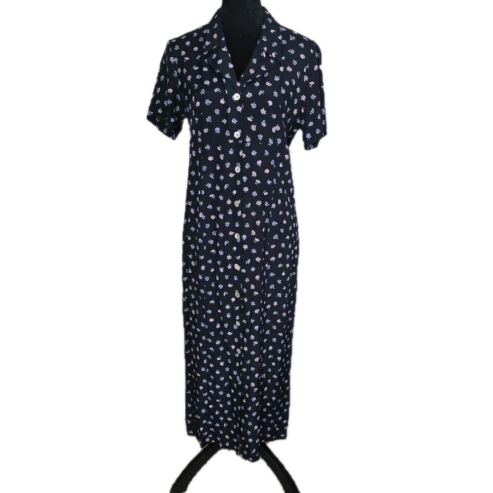 VTG Robbie Bee Full Button Front Maxi Dress 8 Black Purple Floral Cottage Retro